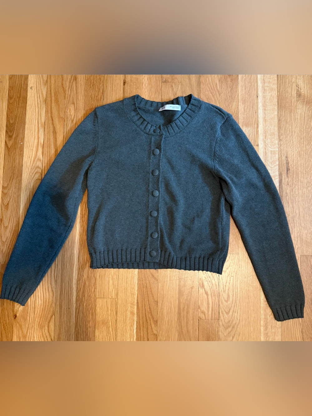 Zara Green/Gray Button-Front Crew Cardigan
